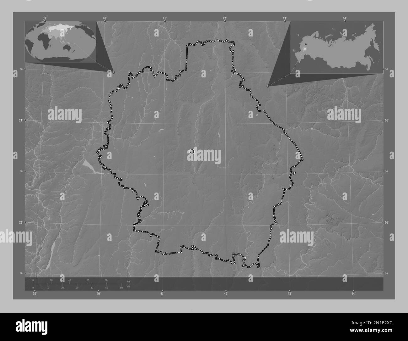 Tambov, region of Russia. Grayscale elevation map with lakes and rivers. Corner auxiliary location maps Stock Photo