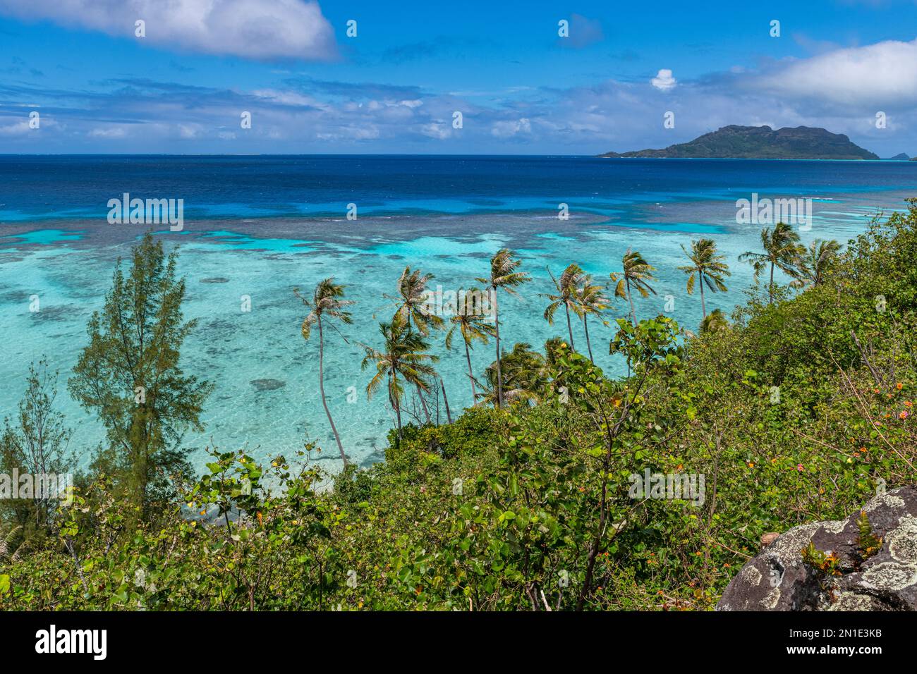 View over the lagoon of Aukena island, Gambier archipelago, French