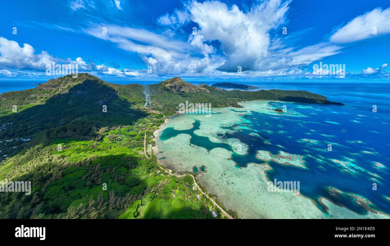 Aerial of Mangareva, Gambier archipelago, French Polynesia, South Pacific, Pacific Stock Photo