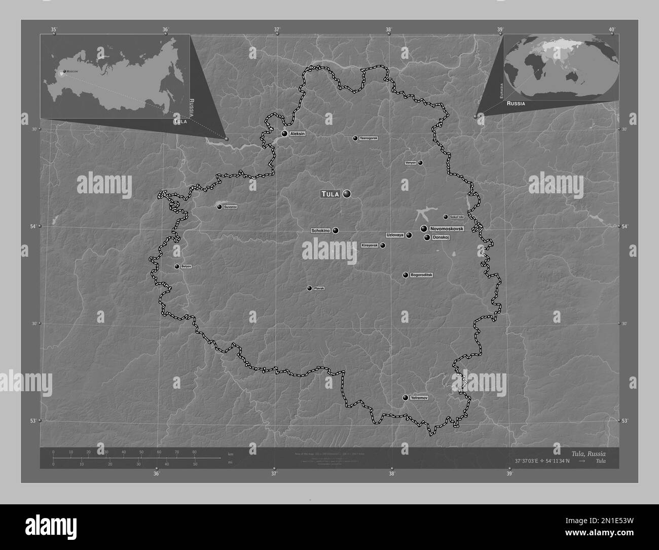 Tula, region of Russia. Grayscale elevation map with lakes and rivers. Locations and names of major cities of the region. Corner auxiliary location ma Stock Photo