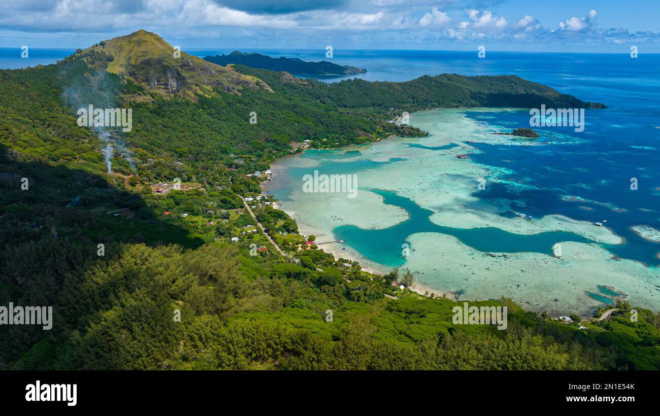 Aerial of Mangareva, Gambier archipelago, French Polynesia, South Pacific, Pacific Stock Photo