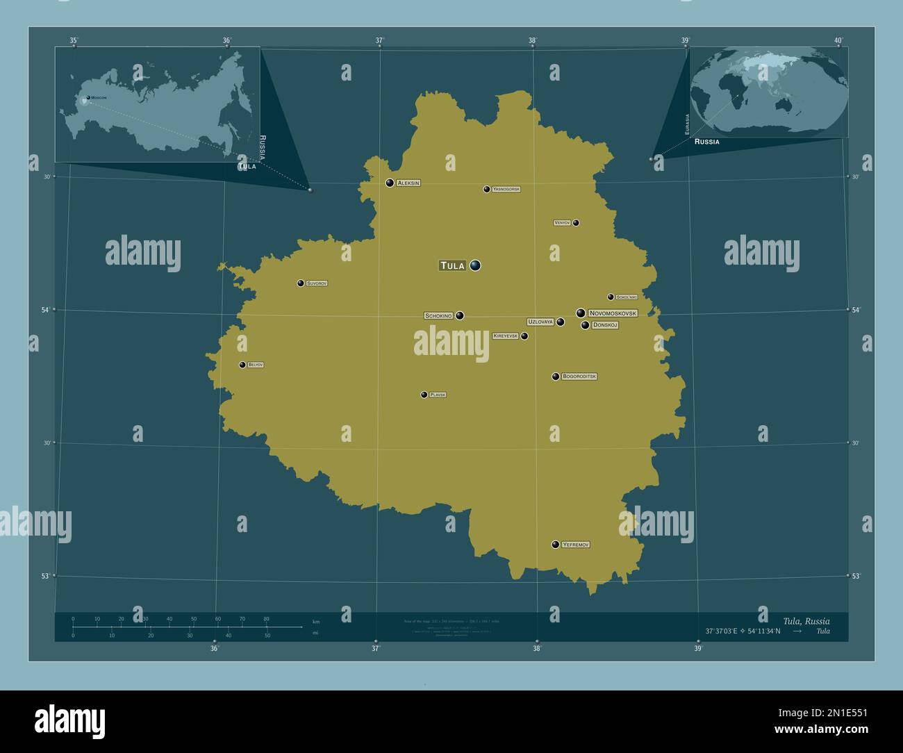 Tula, region of Russia. Solid color shape. Locations and names of major ...