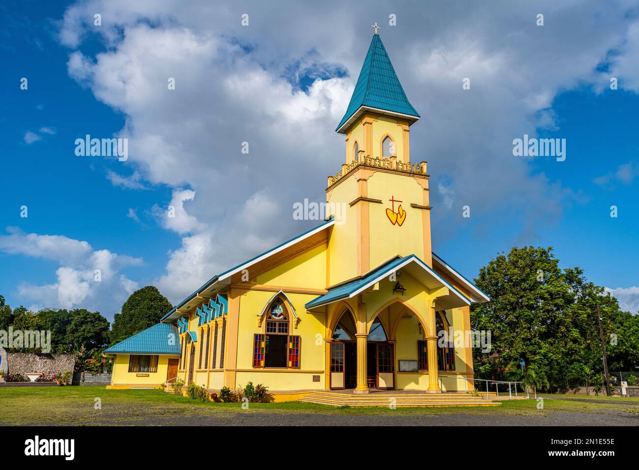 Yellow painted church, Tahiti, Society Islands, French Polynesia, South Pacific, Pacific Stock Photo