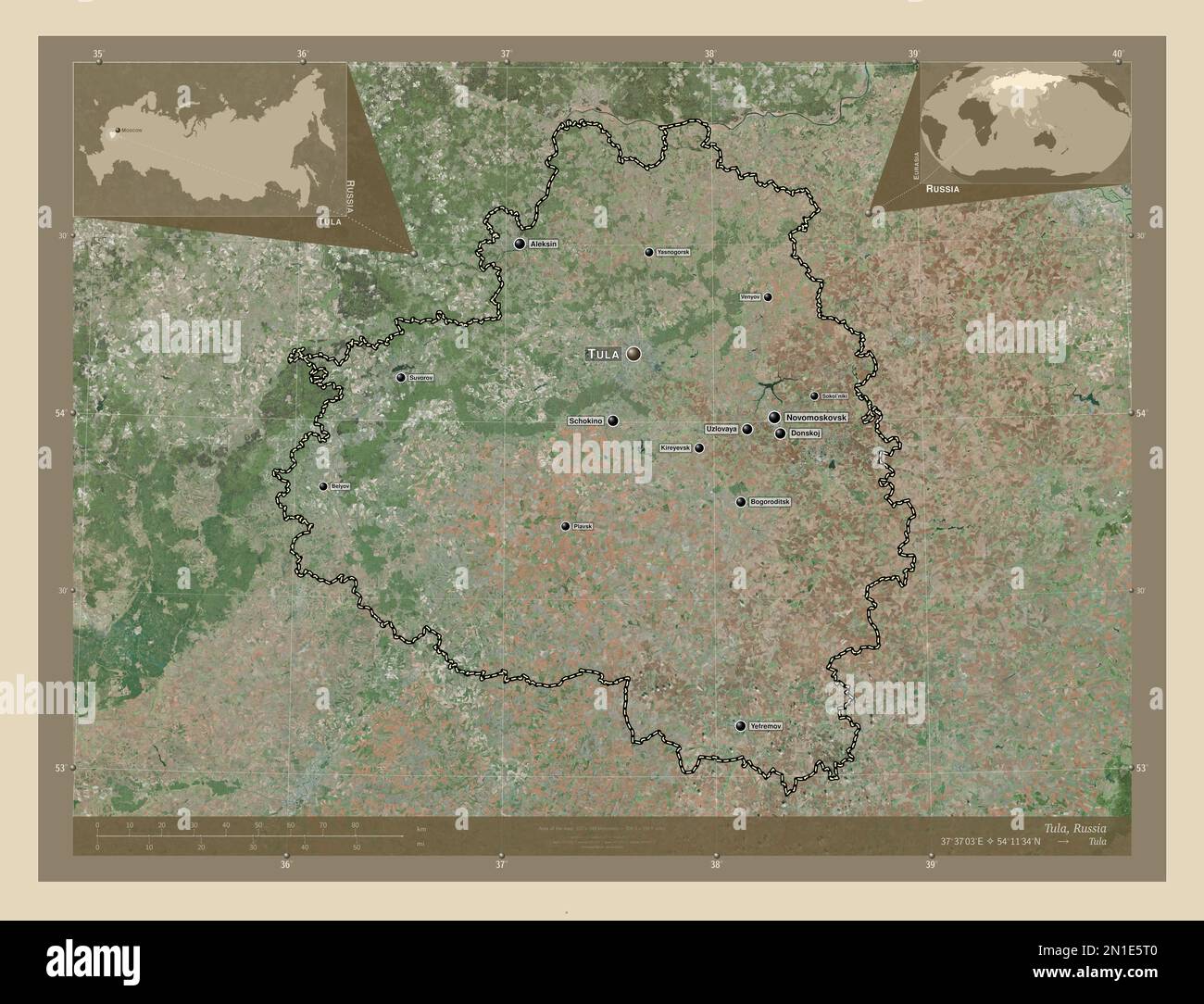 Tula, region of Russia. High resolution satellite map. Locations and ...