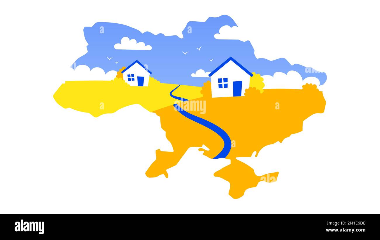 Ukrainian landscape inside the map of Ukraine. Vector illustration Stock Vector