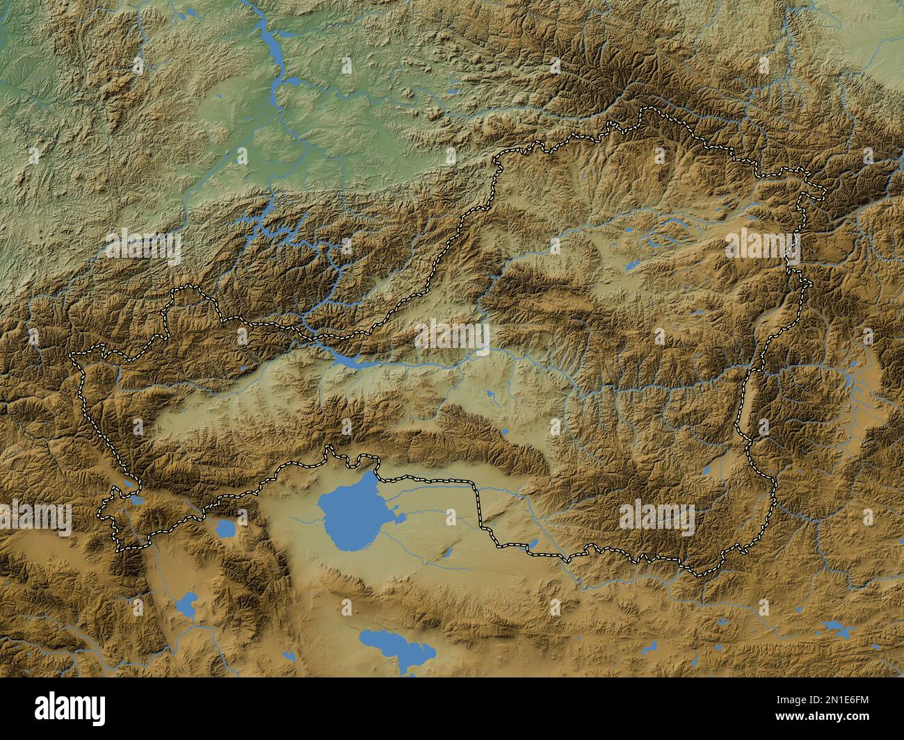 Tuva, republic of Russia. Colored elevation map with lakes and rivers ...