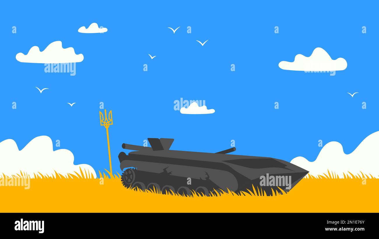 A destroyed tank in front of a yellow field and blue sky. Vector illustration Stock Vector