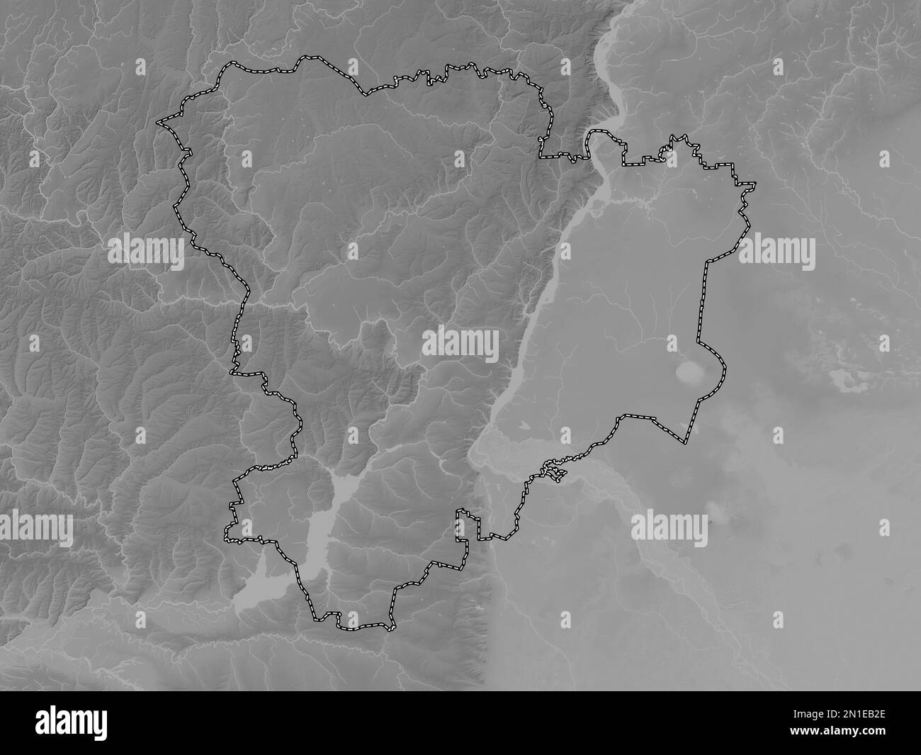 Volgograd, region of Russia. Grayscale elevation map with lakes and