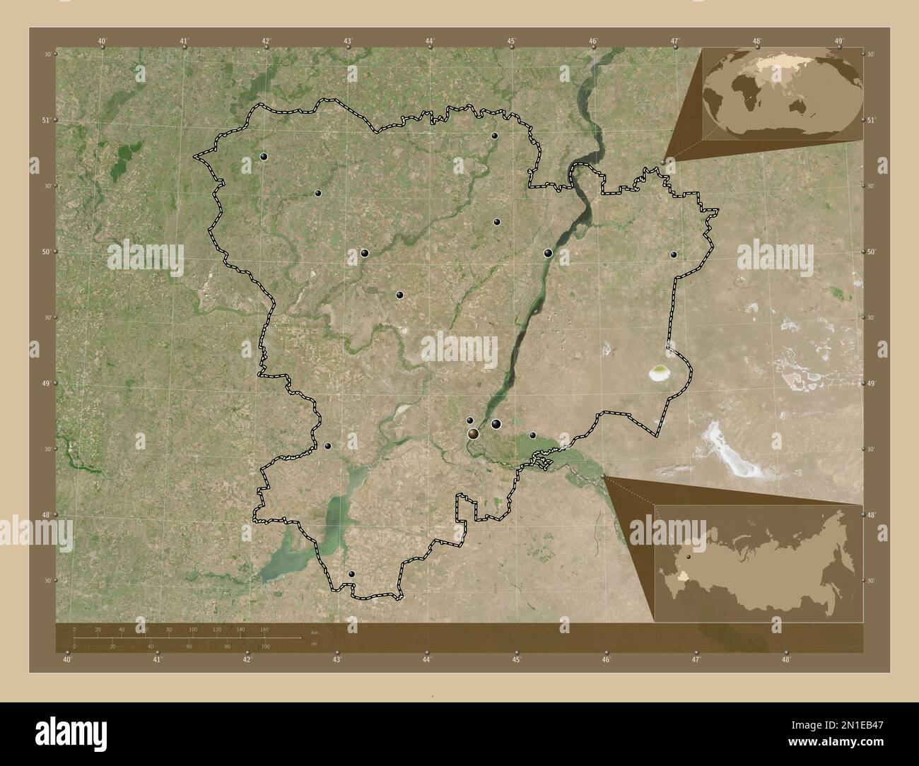 Volgograd, region of Russia. Low resolution satellite map. Locations of