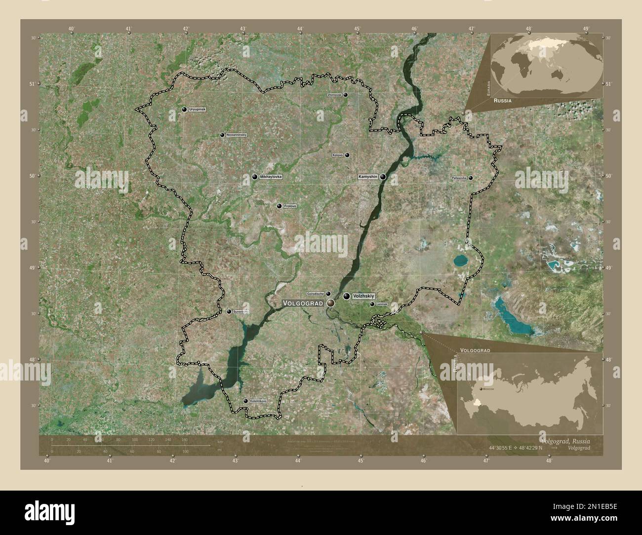 Volgograd, region of Russia. High resolution satellite map. Locations