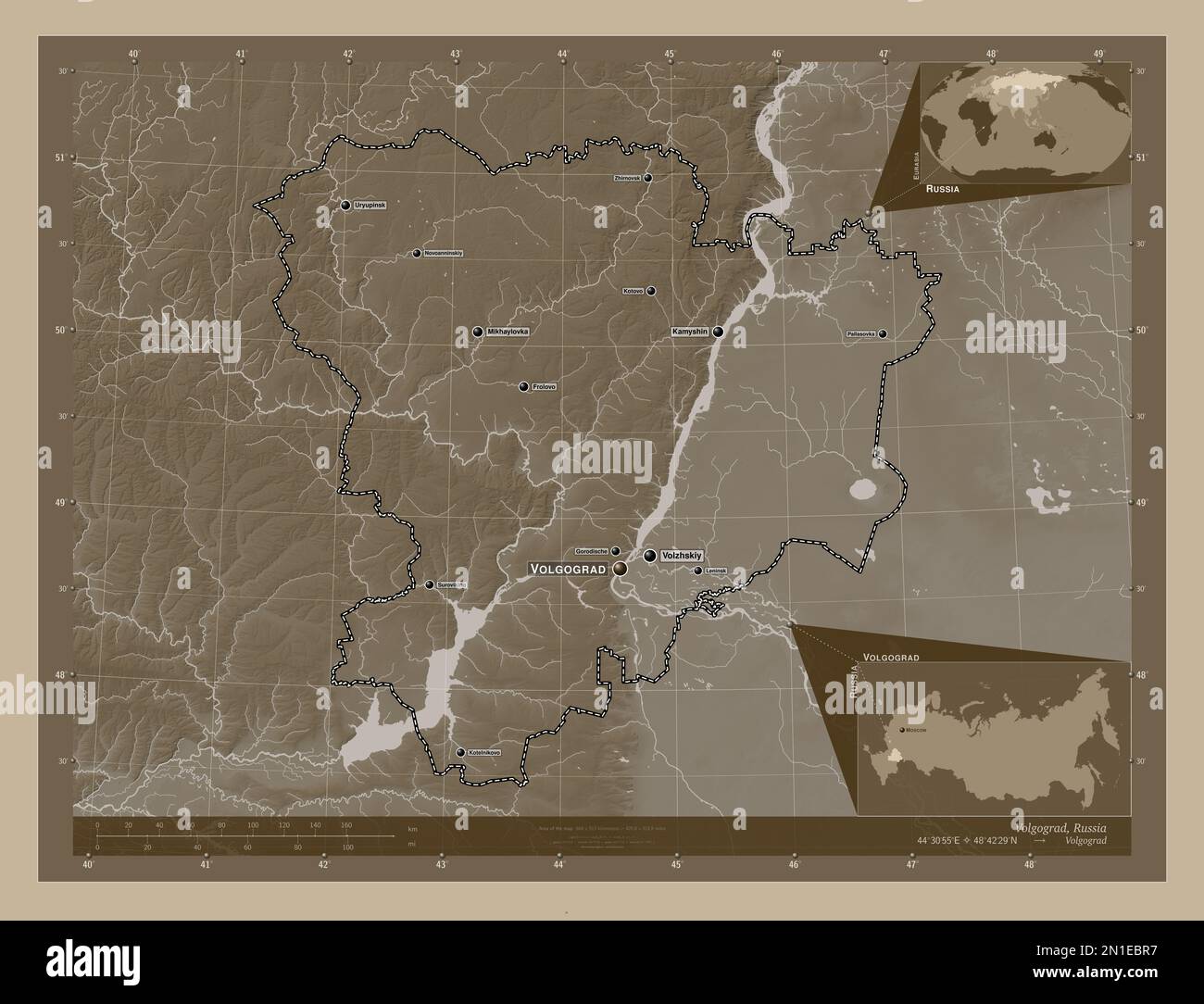 Volgograd, region of Russia. Elevation map colored in sepia tones with