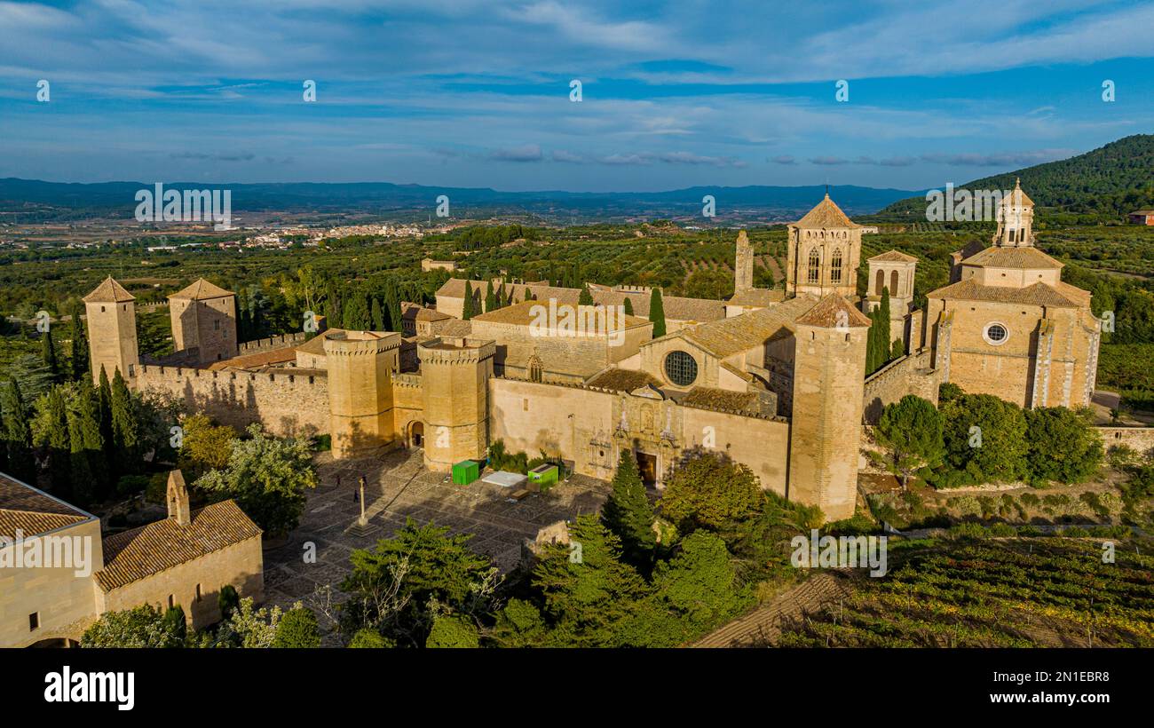Aerial of Poblet Abbey, UNESCO World Heritage Site, Catalonia, Spain, Europe Stock Photo