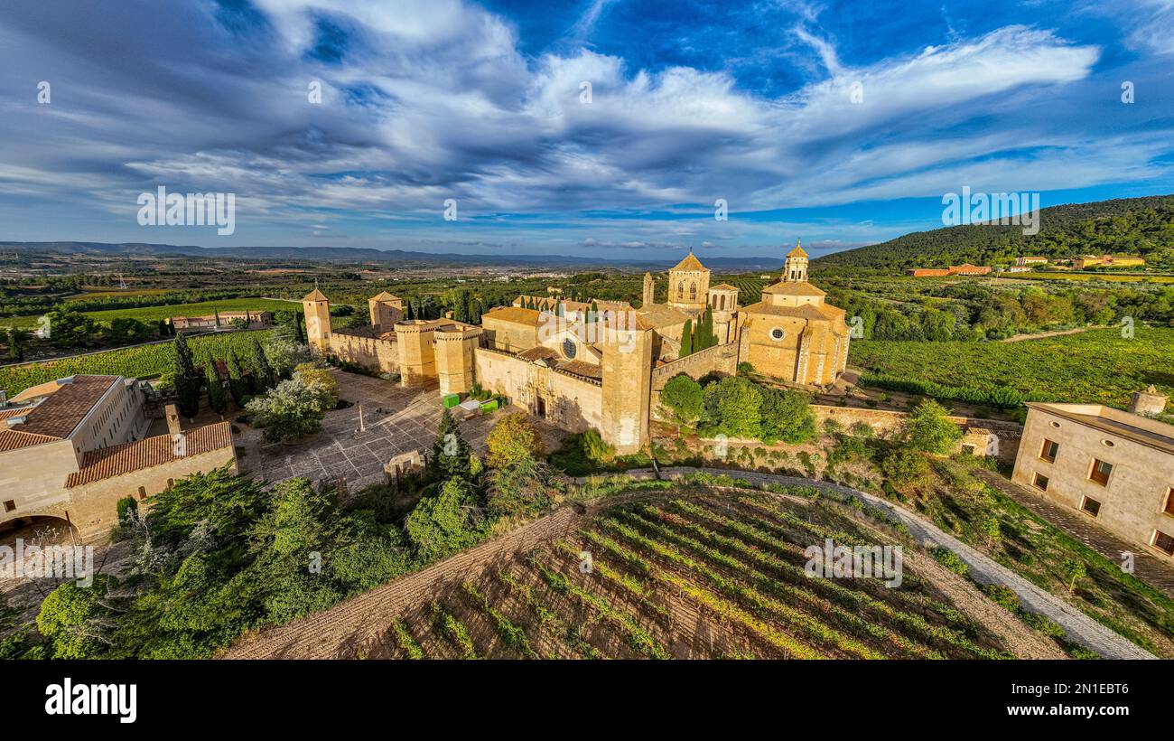 Aerial of Poblet Abbey, UNESCO World Heritage Site, Catalonia, Spain, Europe Stock Photo