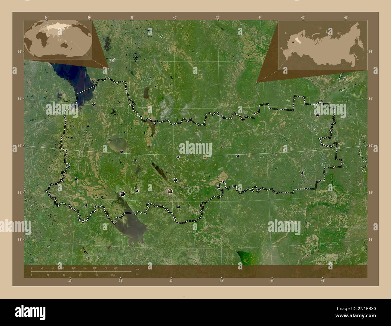 Vologda, region of Russia. Low resolution satellite map. Locations of major cities of the region. Corner auxiliary location maps Stock Photo