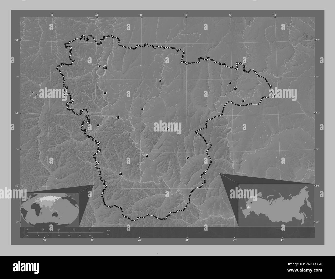 Voronezh, region of Russia. Grayscale elevation map with lakes and rivers. Locations of major cities of the region. Corner auxiliary location maps Stock Photo