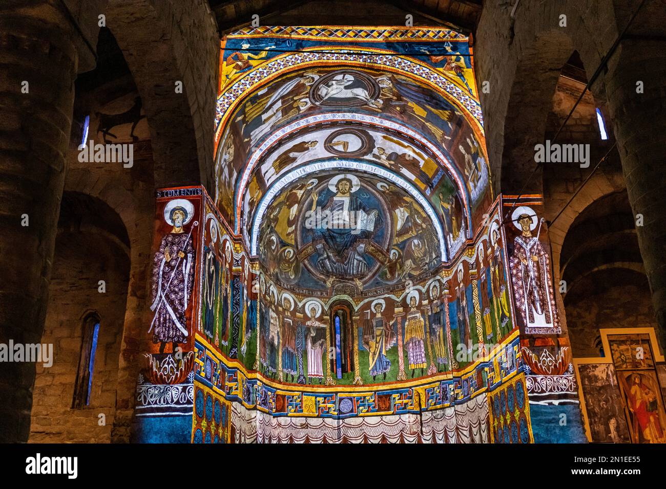 Romanesque church interior, Sant Climent de Taull, UNESCO World Heritage Site, Vall de Boi, Catalonia, Spain, Europe Stock Photo