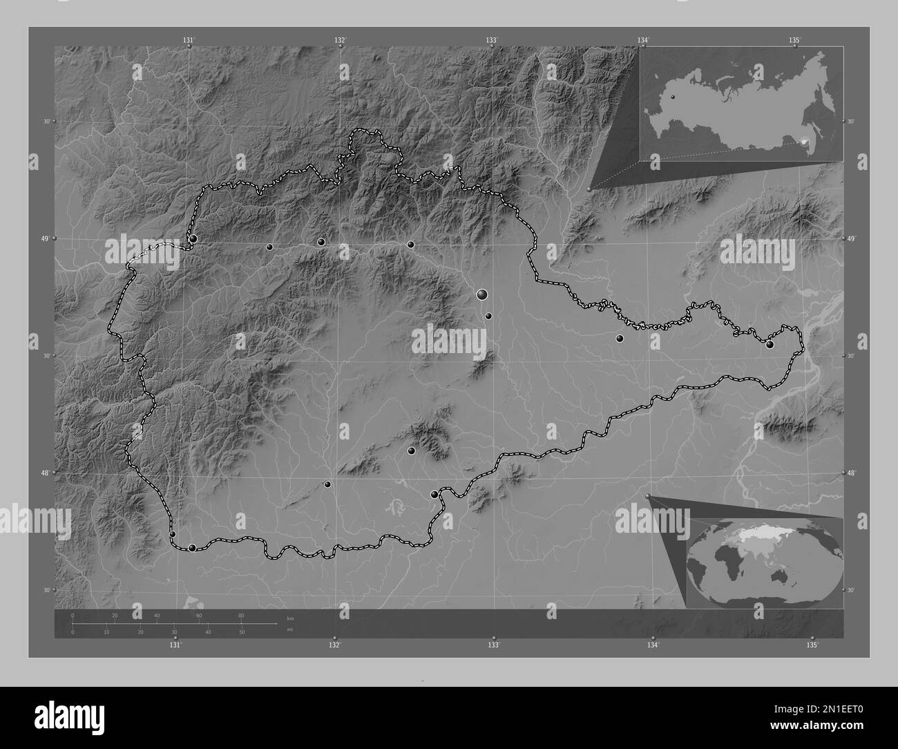 Yevrey, autonomous region of Russia. Grayscale elevation map with lakes and rivers. Locations of major cities of the region. Corner auxiliary location Stock Photo