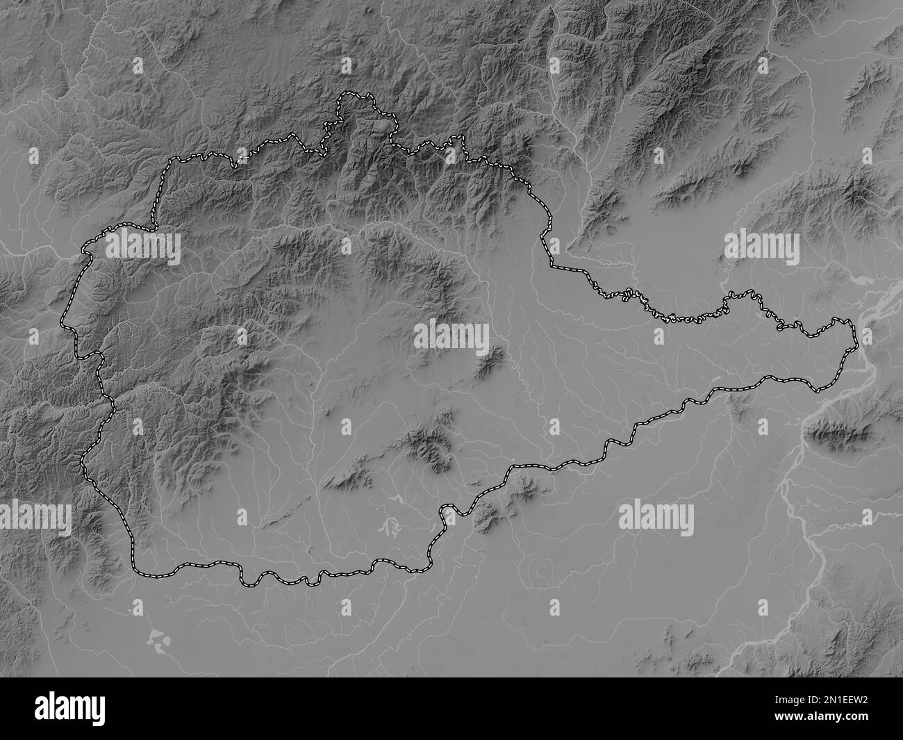 Yevrey, autonomous region of Russia. Grayscale elevation map with lakes and rivers Stock Photo