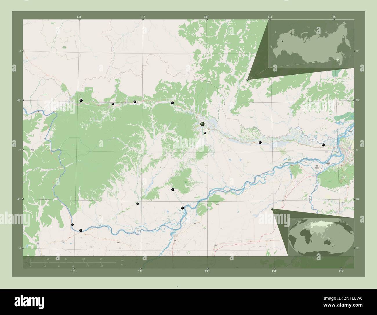 Yevrey, autonomous region of Russia. Open Street Map. Locations of major cities of the region. Corner auxiliary location maps Stock Photo
