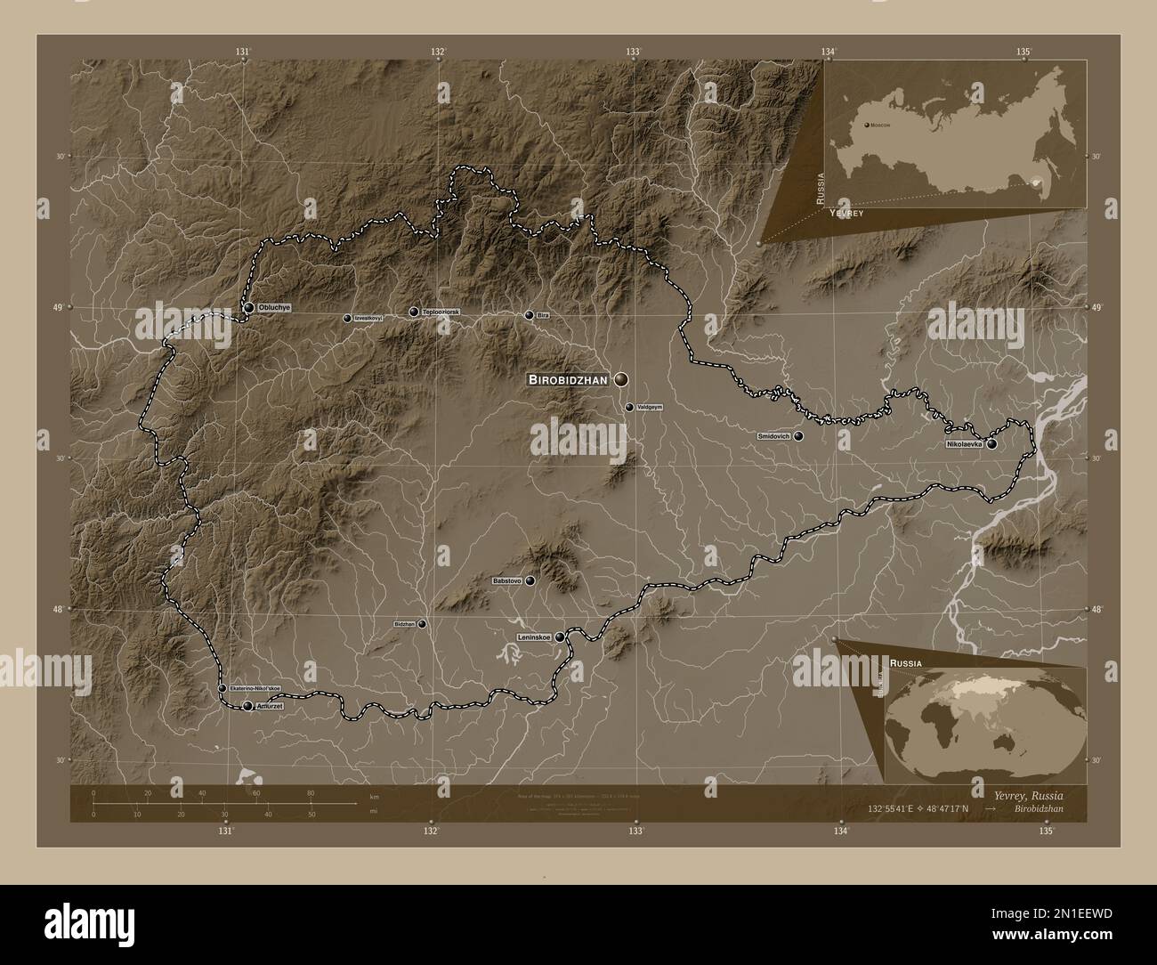 Yevrey, autonomous region of Russia. Elevation map colored in sepia tones with lakes and rivers. Locations and names of major cities of the region. Co Stock Photo