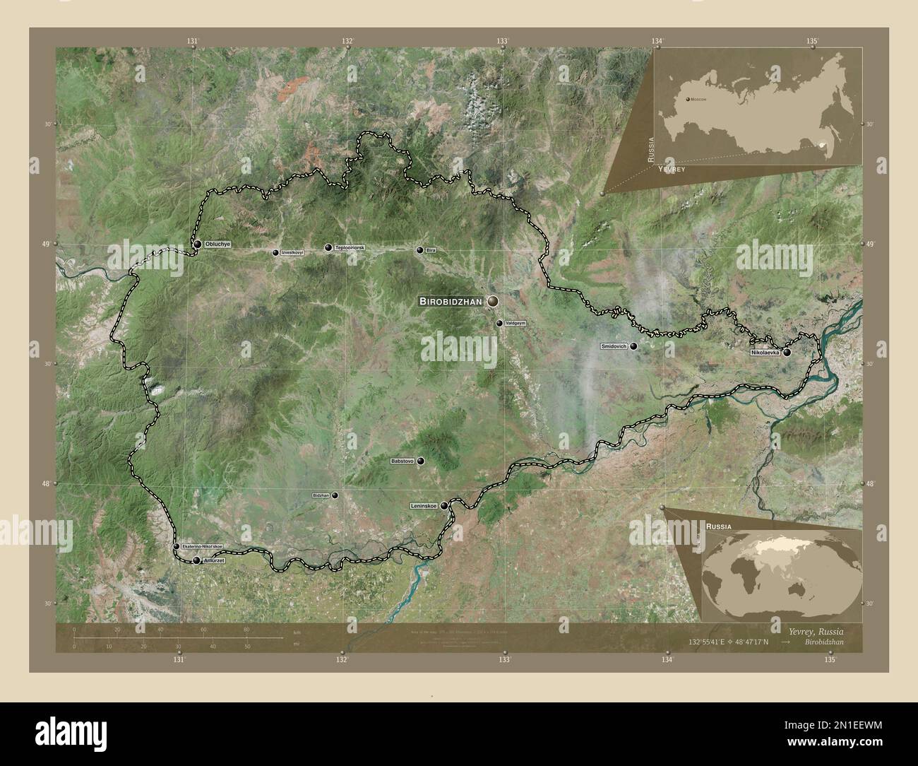 Yevrey, autonomous region of Russia. High resolution satellite map. Locations and names of major cities of the region. Corner auxiliary location maps Stock Photo