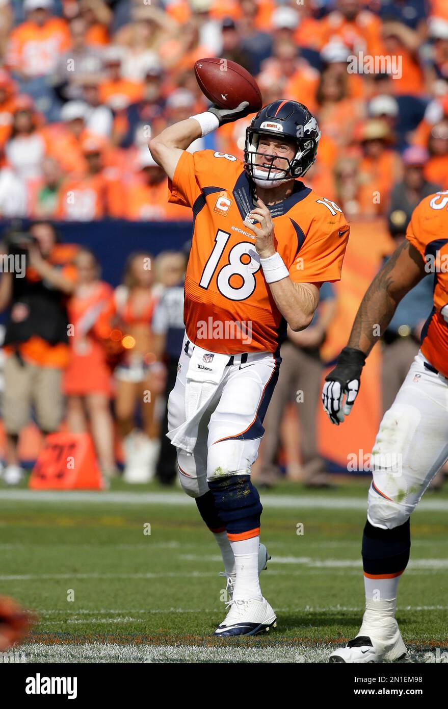 Denver Broncos quarterback Peyton Manning throws during an NFL football ...