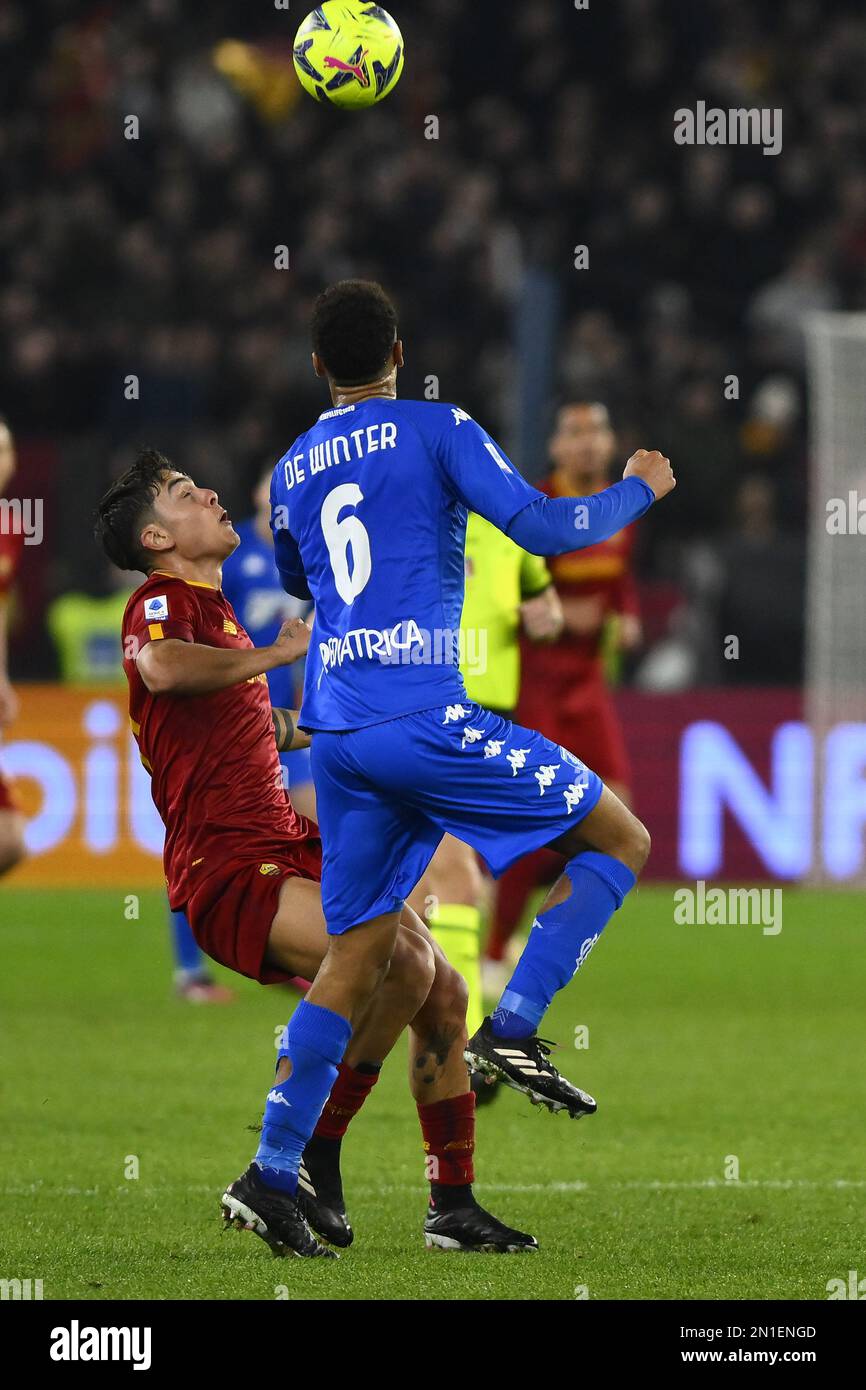 Rome, Italy. 04th Feb, 2023. Paulo Dybala of A.S. Roma and Koni De Winter of Empoli F.C. during the 21th day of the Serie A Championship between A.S. Roma vs Empoli F.C. on February 4, 2023 at the Stadio Olimpico in Rome, Italy. Credit: Independent Photo Agency/Alamy Live News Stock Photo
