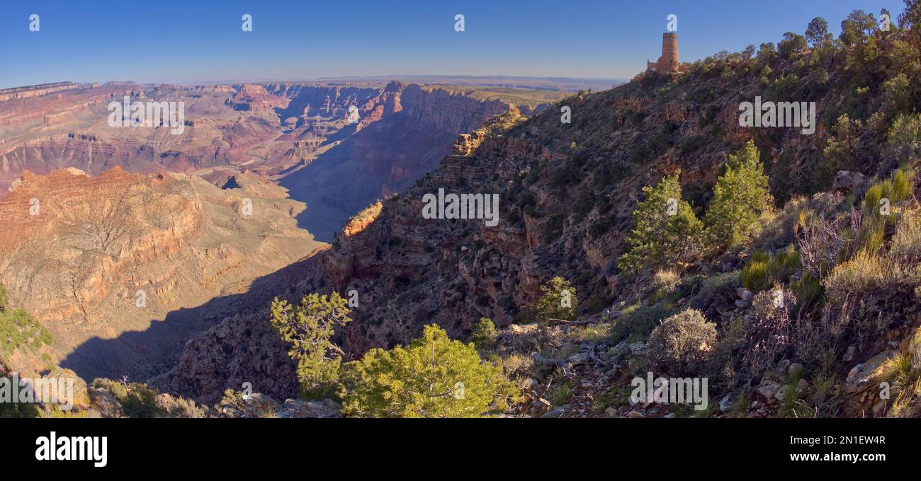 The Desert View Watchtower at Grand Canyon viewed from below the cliffs east of Navajo Point, Grand Canyon National Park, UNESCO World Heritage Site Stock Photo