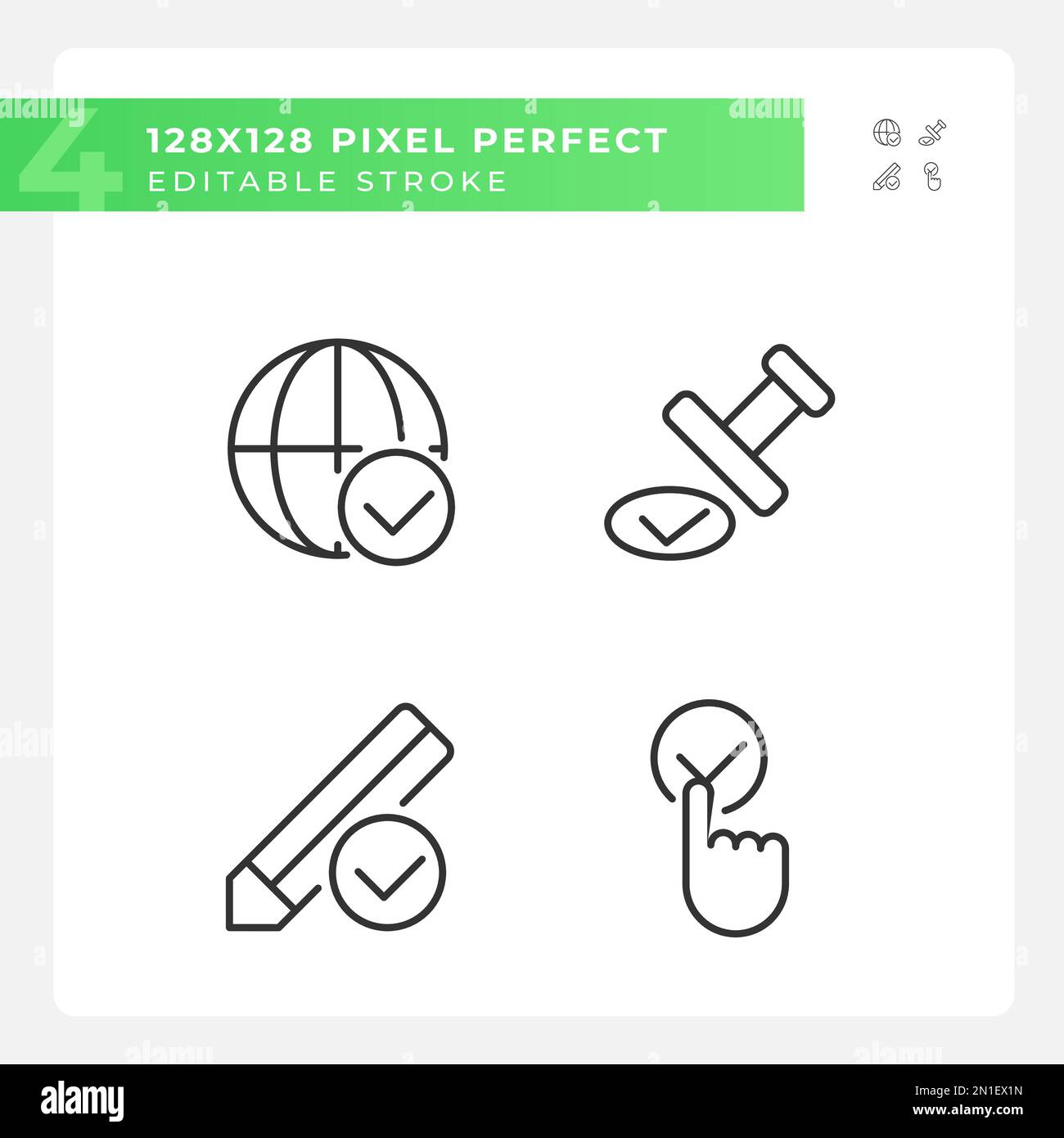 Checkmarks for data approvement pixel perfect linear icons set Stock Vector