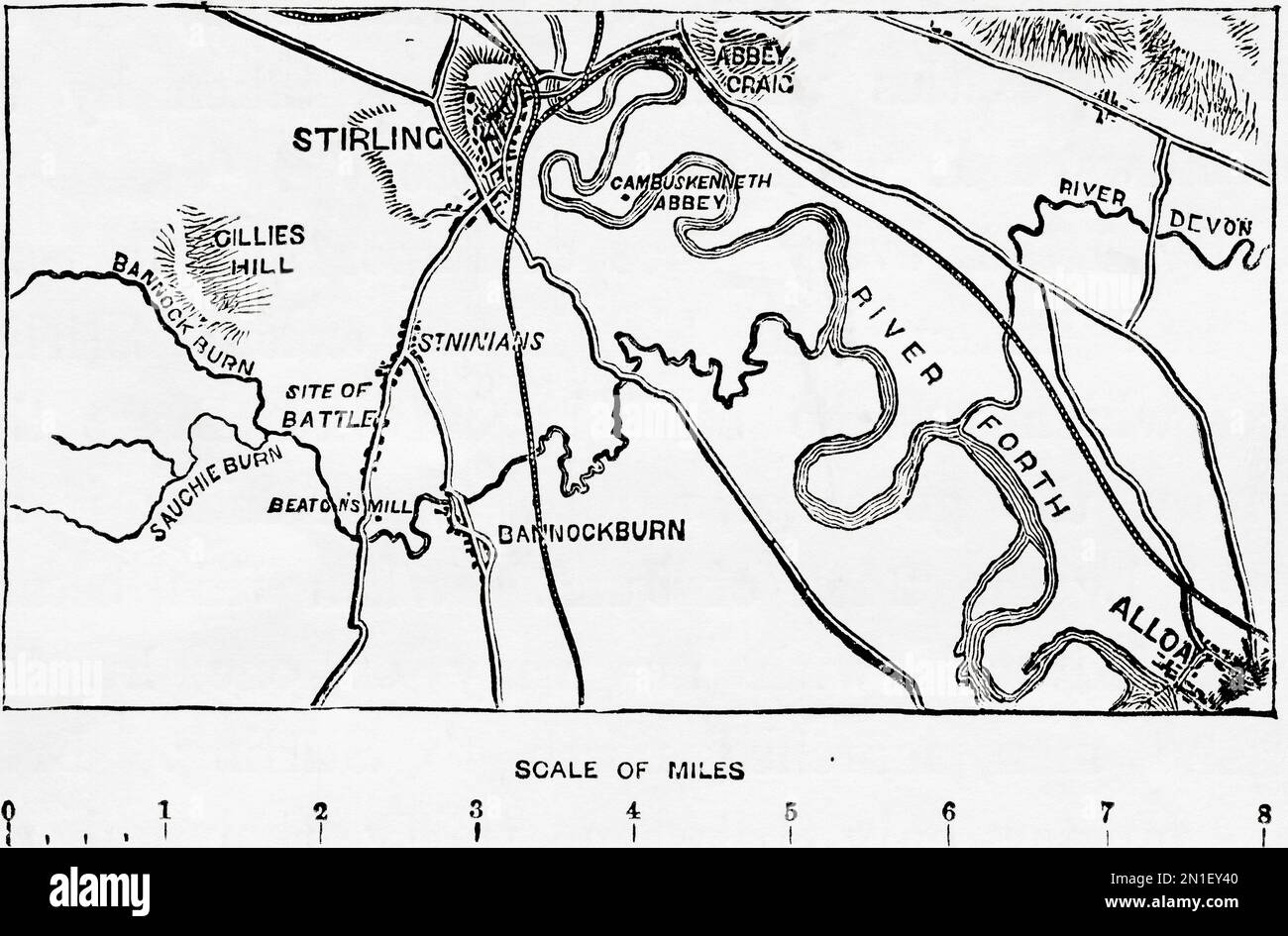 Map showing the site of the Battle of Bannockburn, 14th century.   From History of England, published 1907 Stock Photo