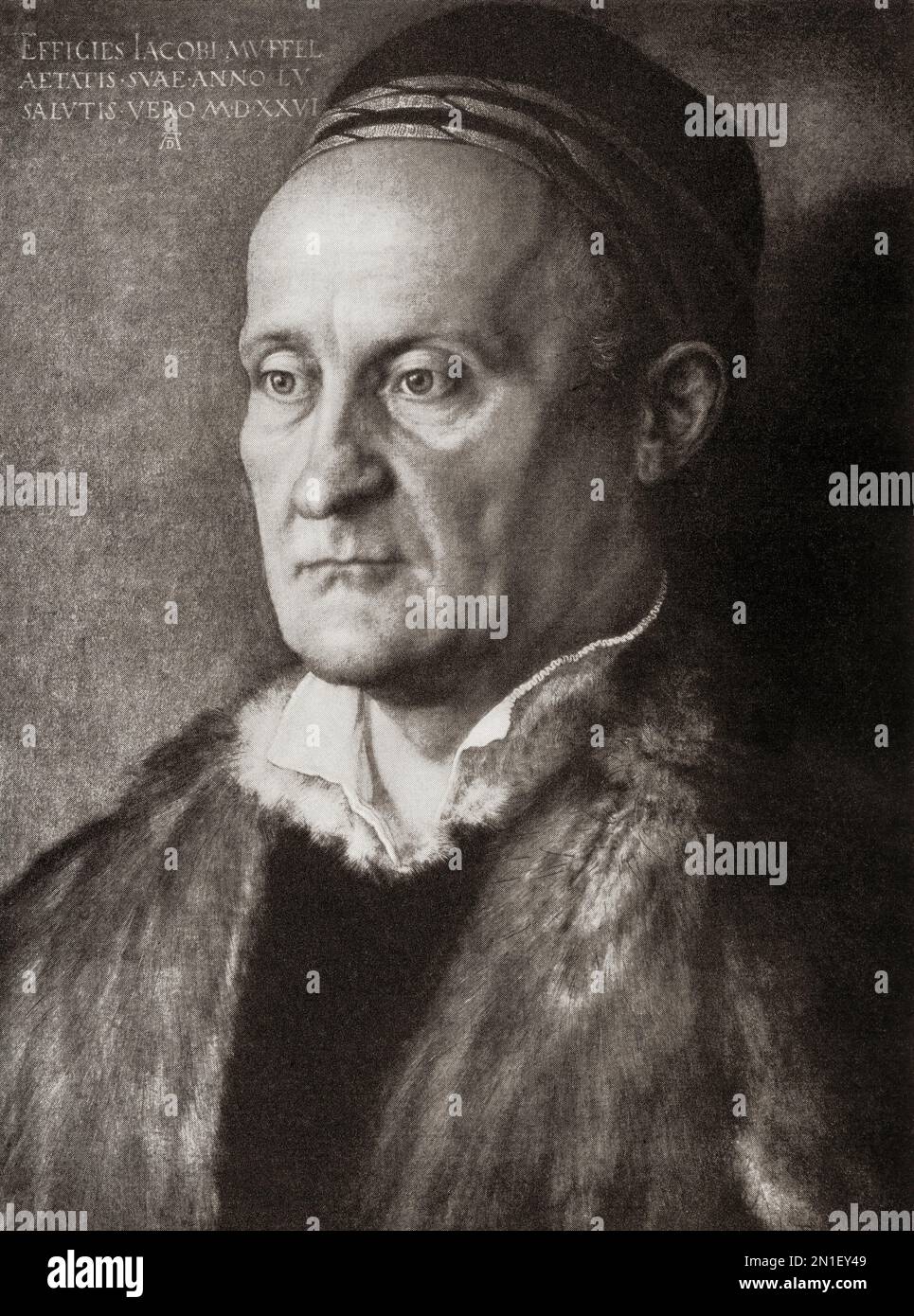 Portrait of Jakob Muffel (1471-1526), after the work by Albrecht Dürer , 1471 – 1528,  sometimes spelled in English as Durer.  German painter, printmaker, and theorist of the German Renaissance.  From Albrecht Dürer, Sein Leben und eine Auswahl seiner Werke or His life and a selection of his works, published 1928. Stock Photo