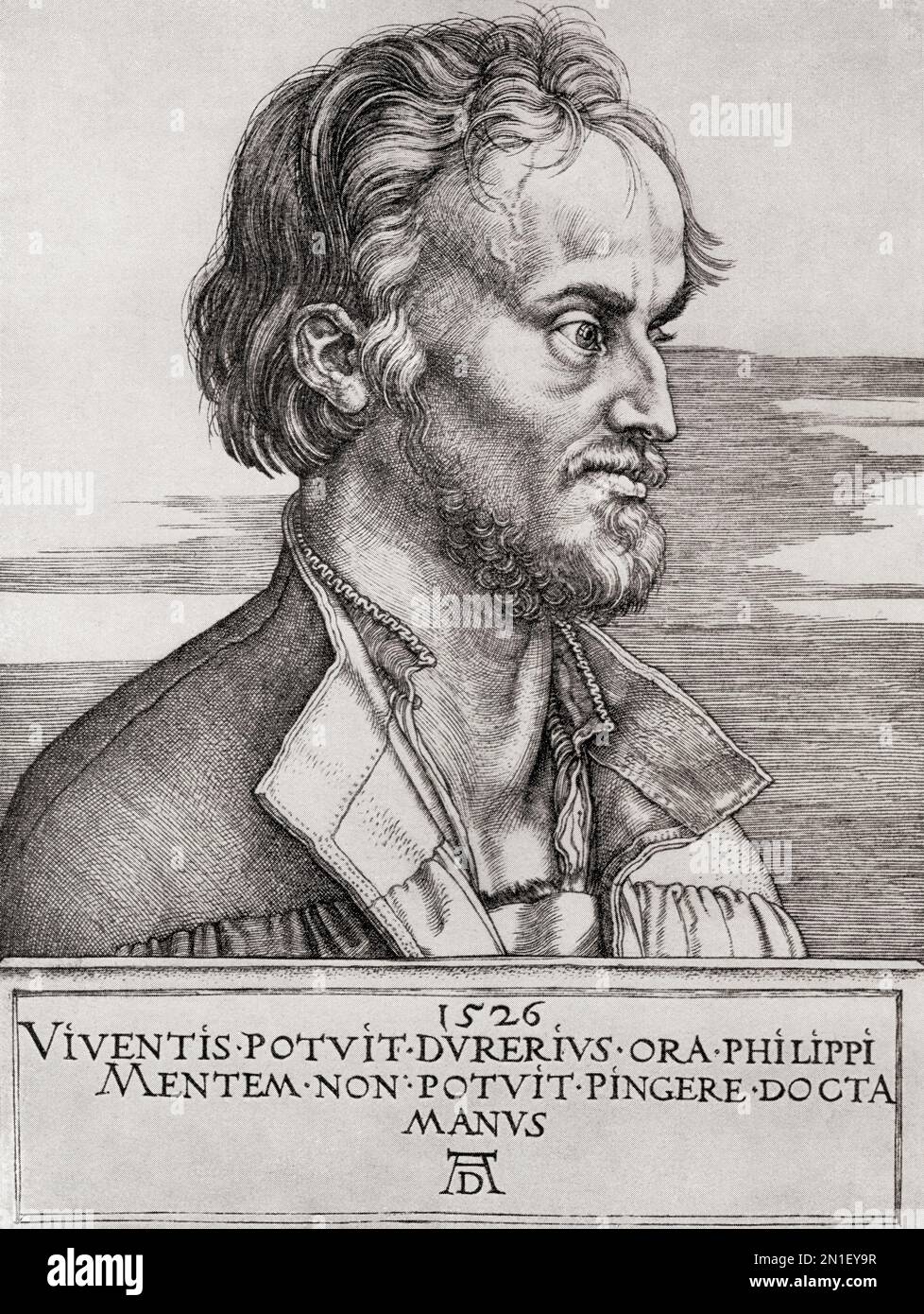 Portrait of Philip Melanchthon, born Philipp Schwartzerdt,  1497 – 1560.  German Lutheran reformer.  After the work by Albrecht Dürer , 1471 – 1528,  sometimes spelled in English as Durer.  German painter, printmaker, and theorist of the German Renaissance.  From Albrecht Dürer, Sein Leben und eine Auswahl seiner Werke or His life and a selection of his works, published 1928. Stock Photo