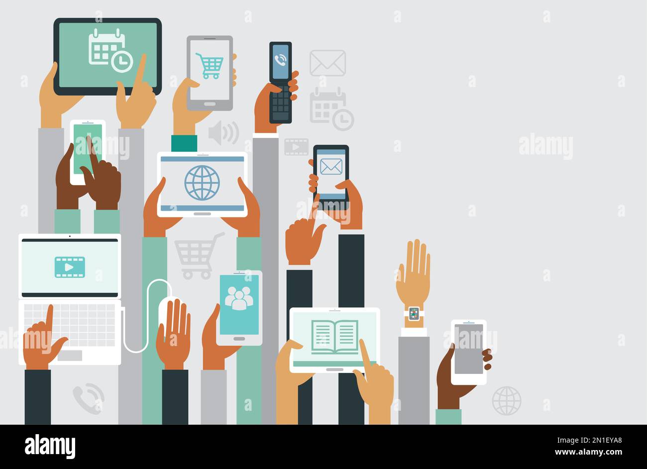 Human hands holding various smart devices copyspace design Stock Vector
