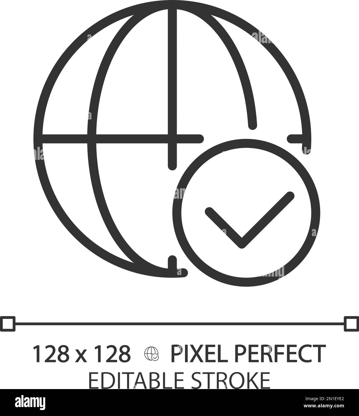 Globe with check mark pixel perfect linear icon Stock Vector