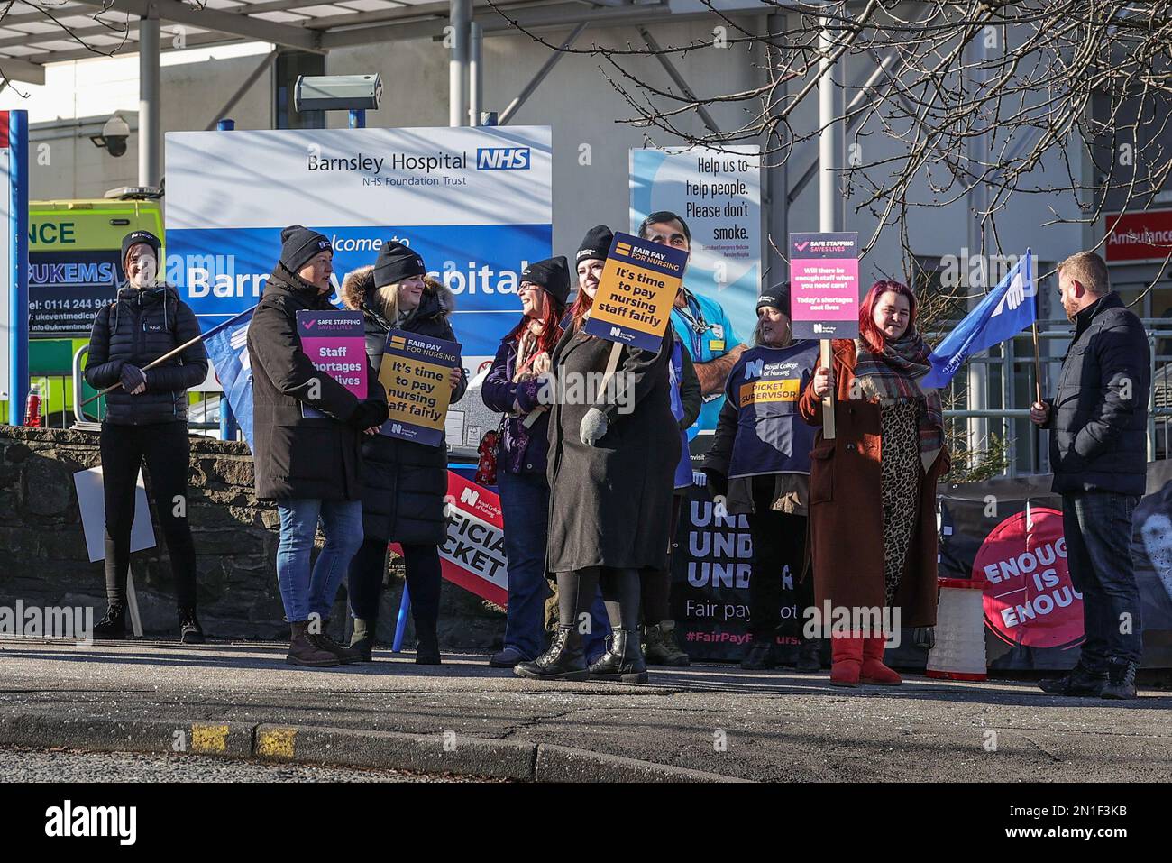 The nurses official picket line at Barnsley General Hospital where nurses strike due to staff shortages and a request for fair pay, Barnsley, United Kingdom, 6th February 2023  (Photo by Mark Cosgrove/News Images) Stock Photo