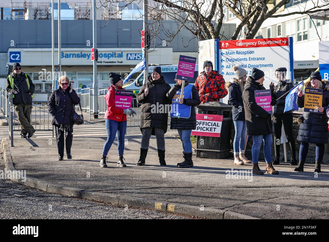The nurses official picket line at Barnsley General Hospital where nurses strike due to staff shortages and a request for fair pay, Barnsley, United Kingdom, 6th February 2023  (Photo by Mark Cosgrove/News Images) Stock Photo