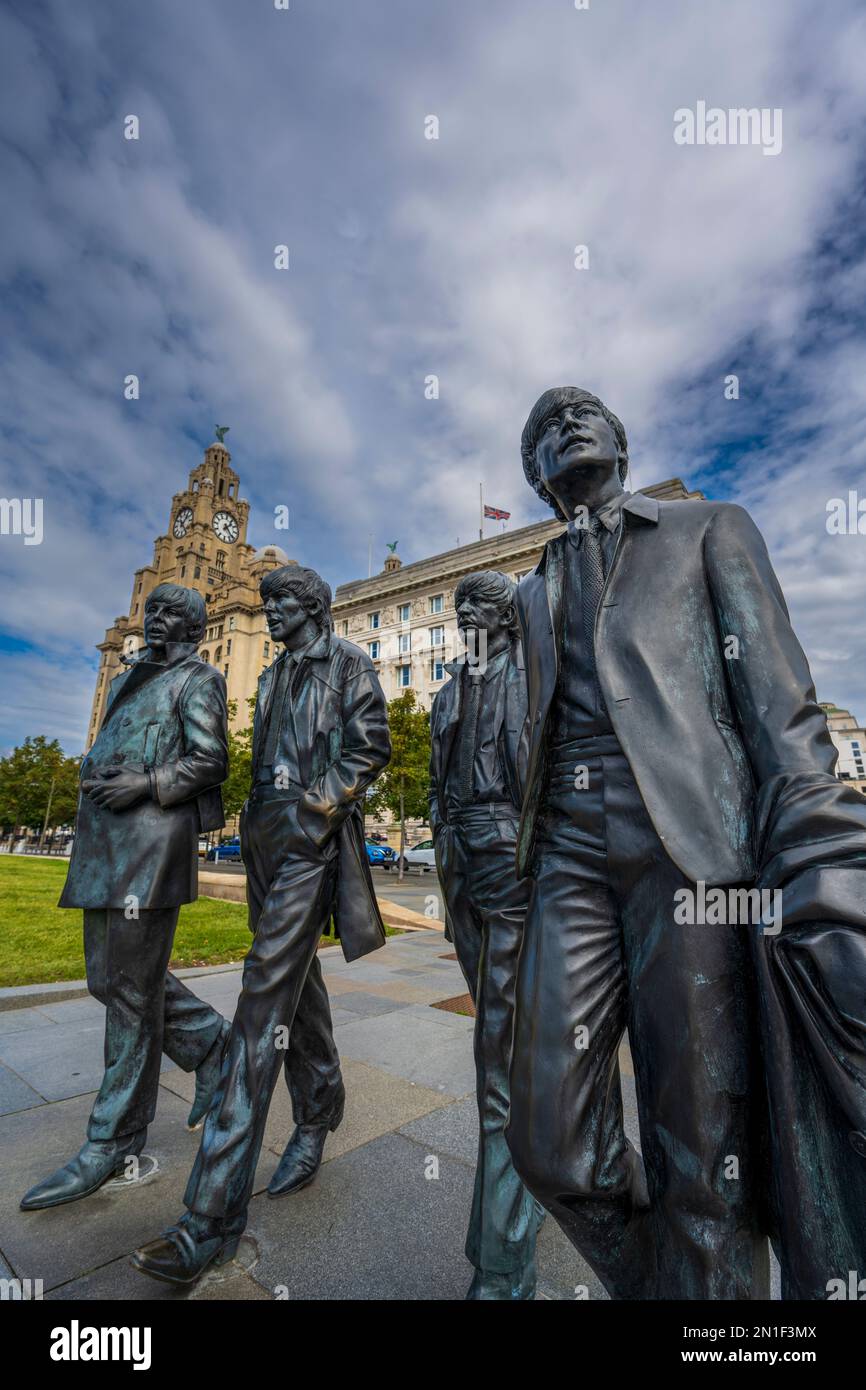 The bronze statue of The Beatles standing on the Liverpool Waterfront