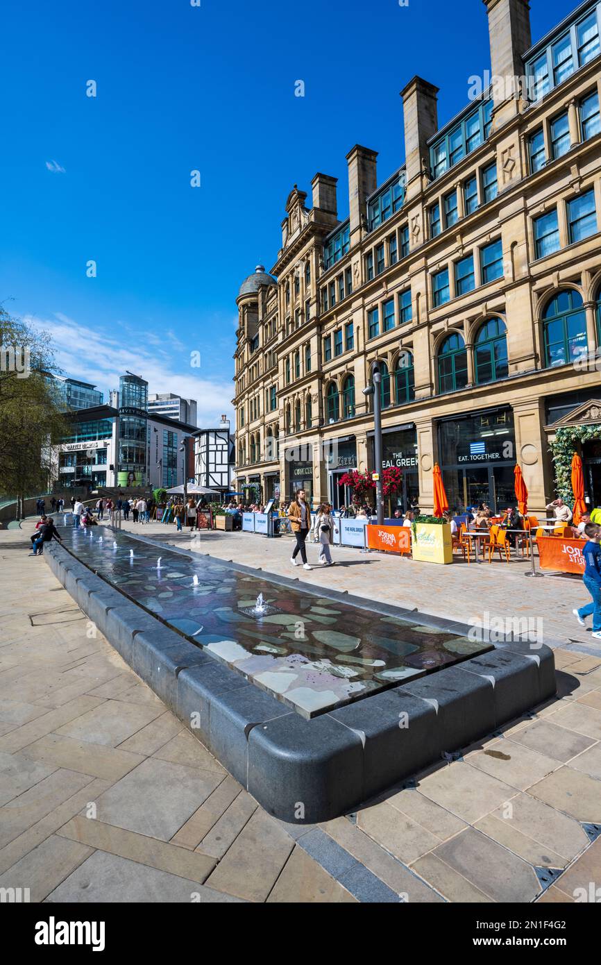 Exchange Square and water feature in Manchester city centre, Manchester