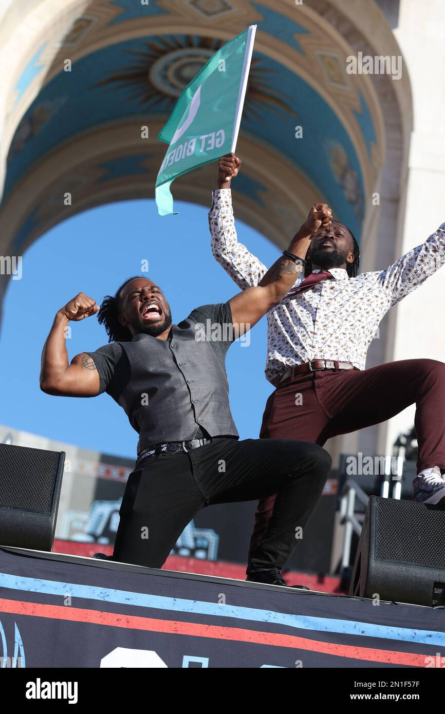 LOS ANGELES, CA - FEBRUARY 05: Xavier Woods and Kofi Kingston at NASCAR Cup Series Busch Light Clash at The Coliseum on February 5, 2023, at the Los Angeles Memorial Coliseum in Los Angeles, California. Credit: mpi34/MediaPunch Stock Photo