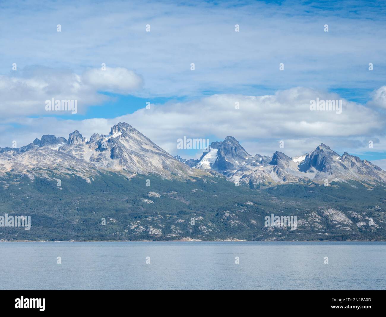 View of the Andes Mountains and Notofagus forest in Lago Acigami, Tierra del Fuego, Argentina, South America Stock Photo