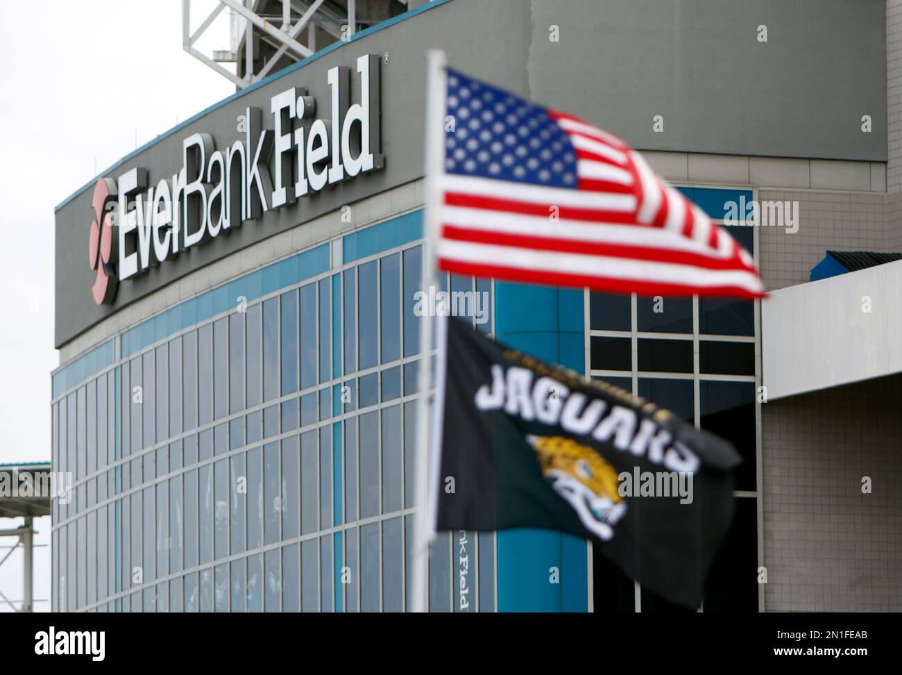 Tailgaters fly flags in the parking lot of EverBank Field before the start  of an NFL football game between the Jacksonville Jaguars and the Carolina  Panthers, Sunday, Sept. 13, 2015, in Jacksonville,