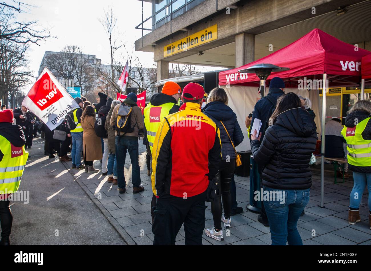 February 6, 2023, Munich, Bavaria, Germany: Two weeks after strikes crippled mail and package delivery services in Germany, the Ver.di union has called for more strikes by Deutsche Post mail workers for Monday and Tuesday (Feb 6th and 7th). The next round of talks are scheduled for February 8th and 9th, with the union stating that there has been little movement made regarding the topic of the income brackets the workers primarily belong to are among those hardest hit by inflation. (Credit Image: © Sachelle Babbar/ZUMA Press Wire) EDITORIAL USAGE ONLY! Not for Commercial USAGE! Stock Photo