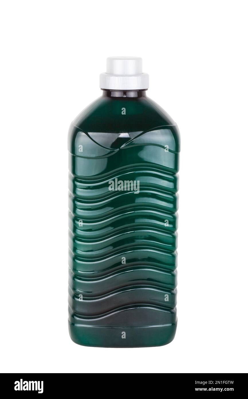 Green plastic detergent bottles isolated on white background Stock