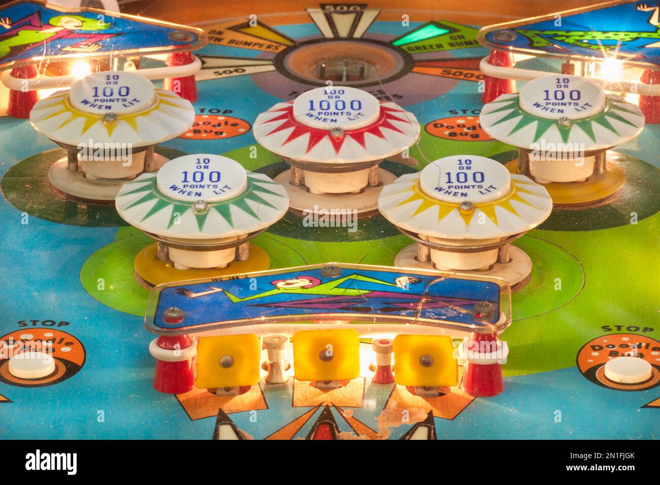 Drempt, The Netherlands - September 3, 2021: Close up of a vintage illuminated pinball machine in Drempt, The Netherlands Stock Photo