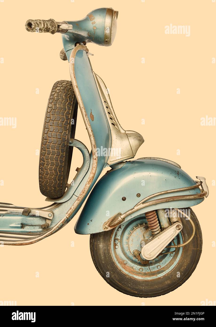 Retro styled side view of an unrestored vintage blue Italian scooter Stock Photo