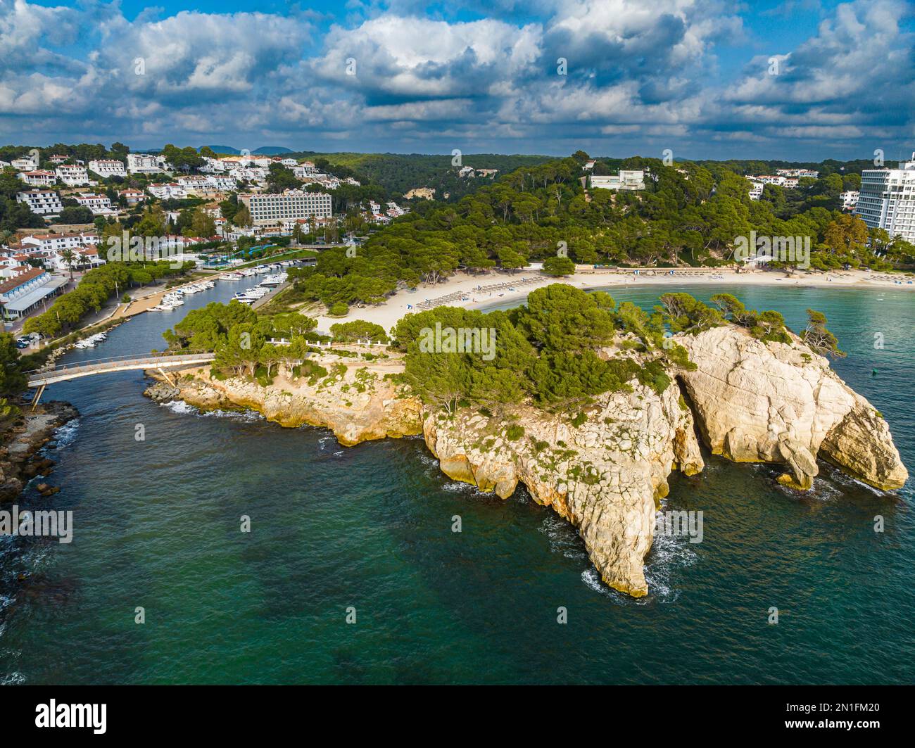 Aerial of the beach of Cala Galdana, Menorca, Balearic Islands, Spain, Mediterranean, Europe Stock Photo