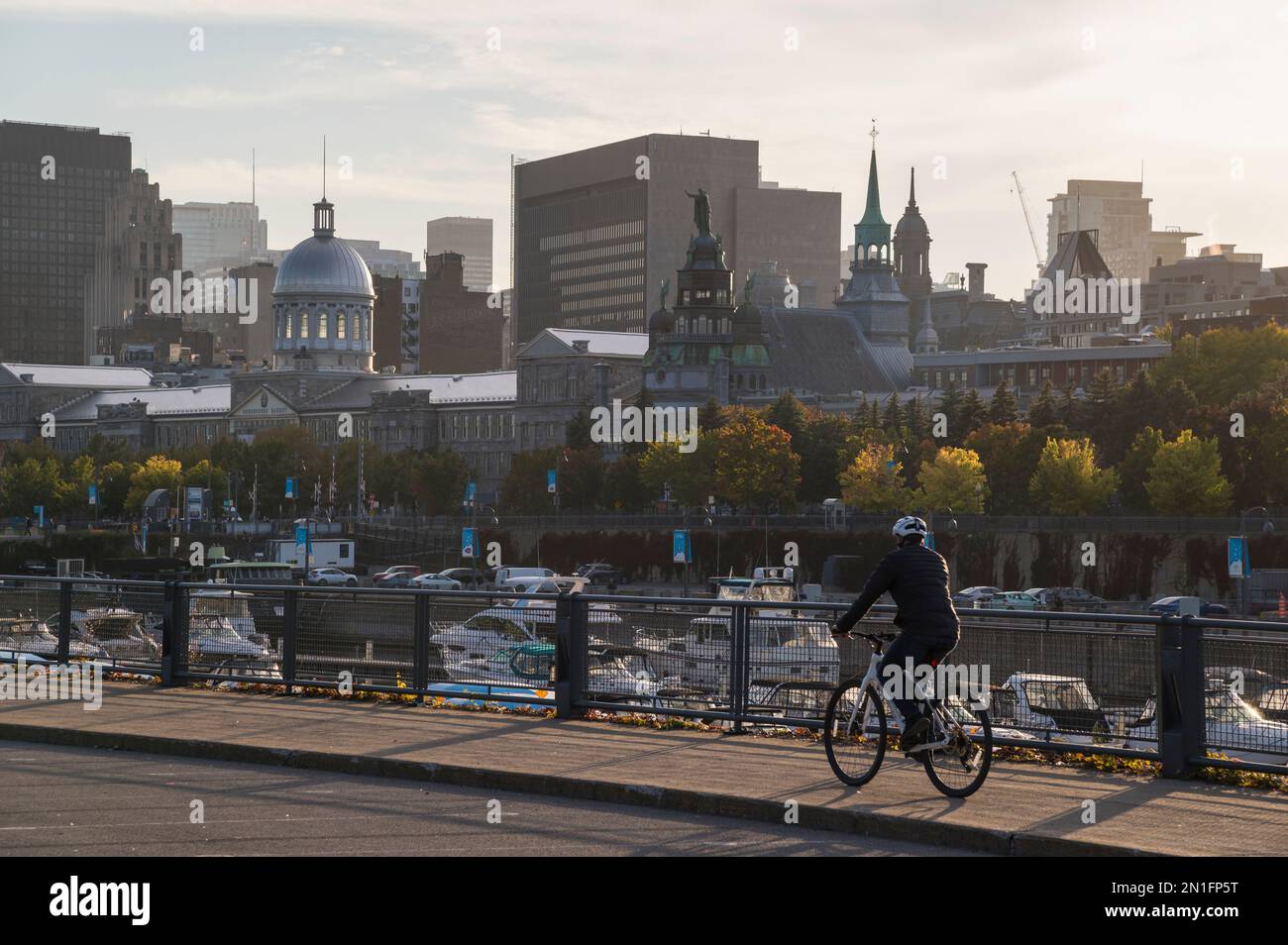 Cyclist riding along the Old Port of Montreal with historic buildings in the background, Montreal, Quebec, Canada, North America Stock Photo