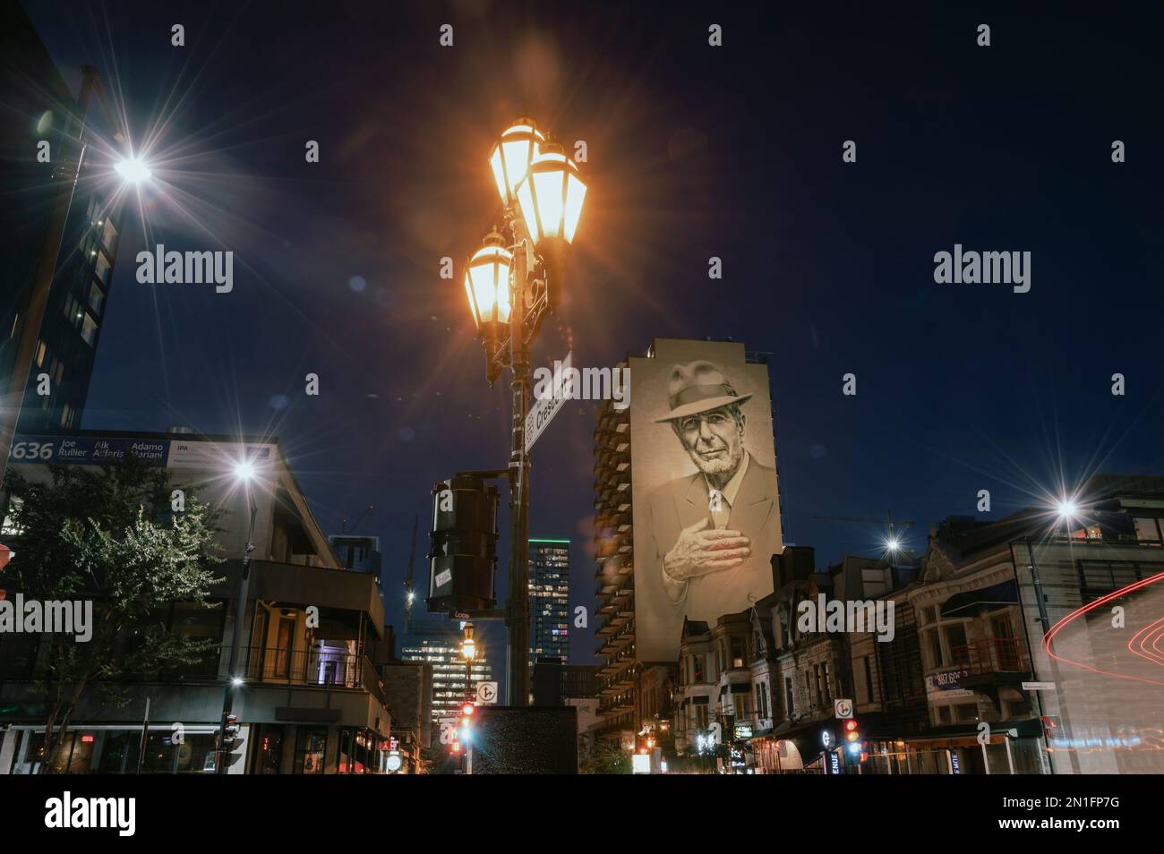 Leonard Cohen Mural at night, Downtown Montreal, Quebec, Canada, North