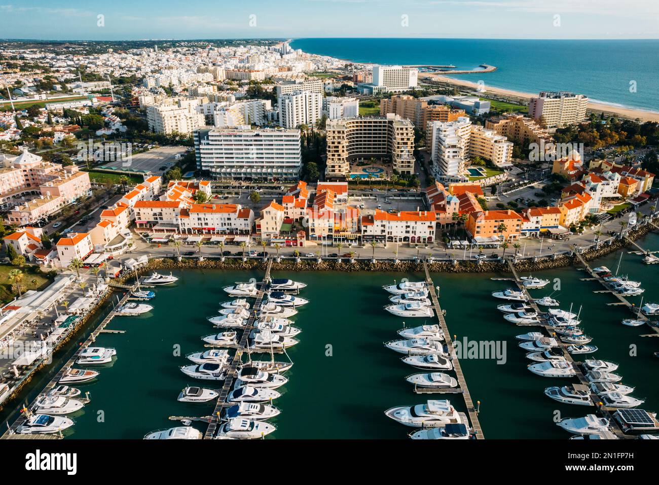 Aerial view of the tourist Portuguese town of Vilamoura, with yachts