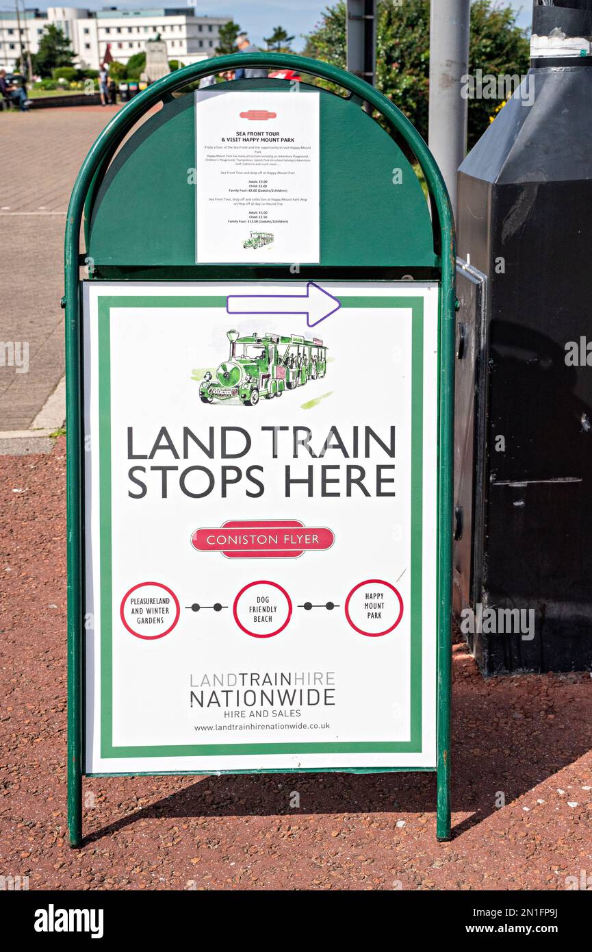 'A' Board advertising Land Train, Morecambe Stock Photo Alamy